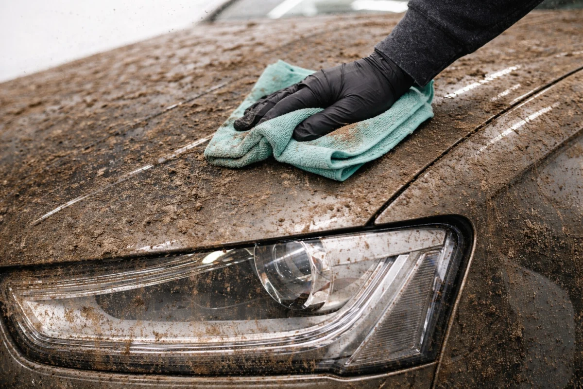 Vorher: verschmutztes Fahrzeug wird von Hand gereinigt